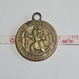 Saint Christopher Round Brass Medal Postage Guaranteed Pendant - Gold-Tone